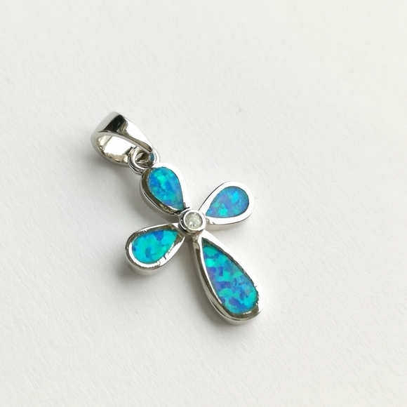 Blue opal cross pendant for necklace with cz accent in Sterling Silver 🆕 - Picture 5 of 5